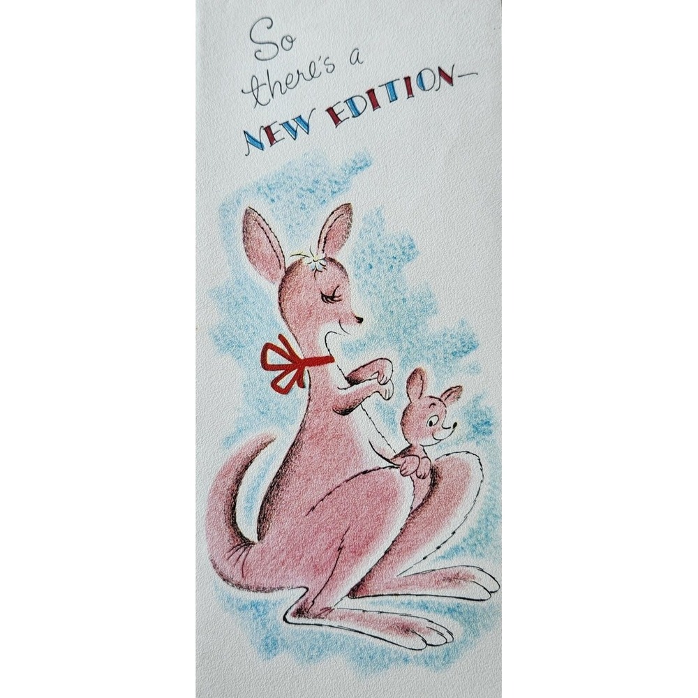 Mom & Baby Kangaroo Birth Congratulations Art Vintage Mid Century Card 7x3 USA